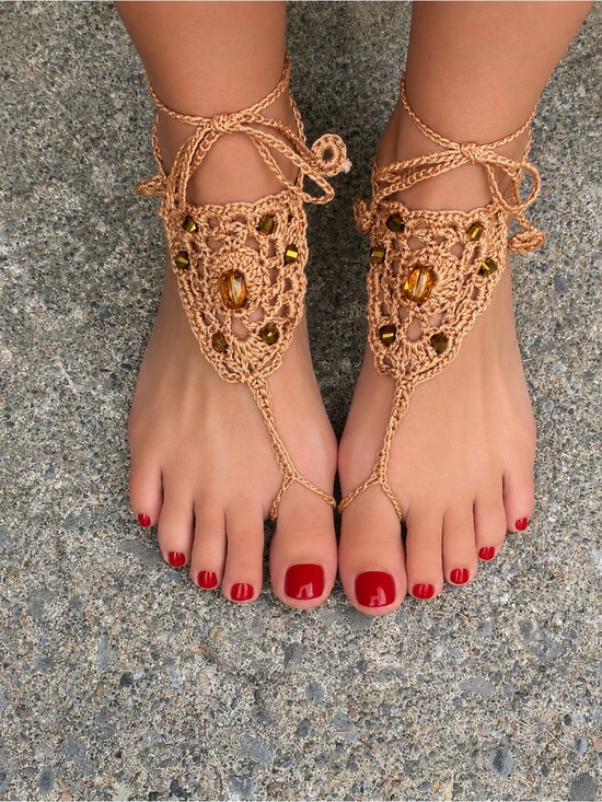 Hand Crafted Shoes - Hand Crafted Crochet Barefoot Sandals in Tan with Amber Beads